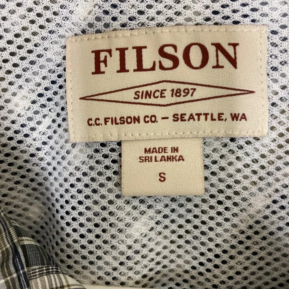 Filson Fishing Shirt Mens Small Navy Blue White Tan Plaid Lightweight Vented - Picture 3 of 10